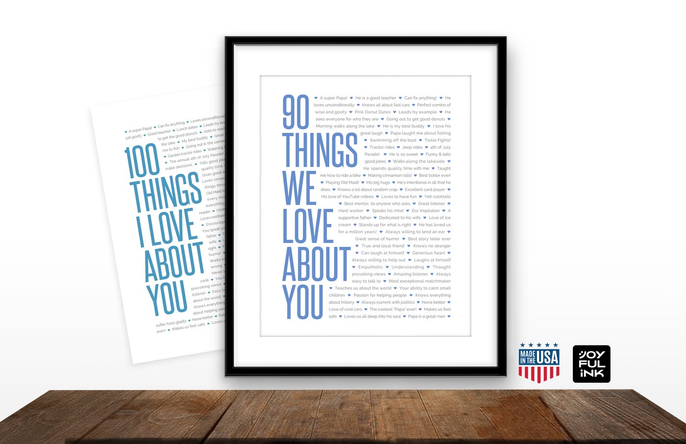 Personalized 90 Things We Love About You artwork in a black frame, with a 100 Things I Love About You print beside it
